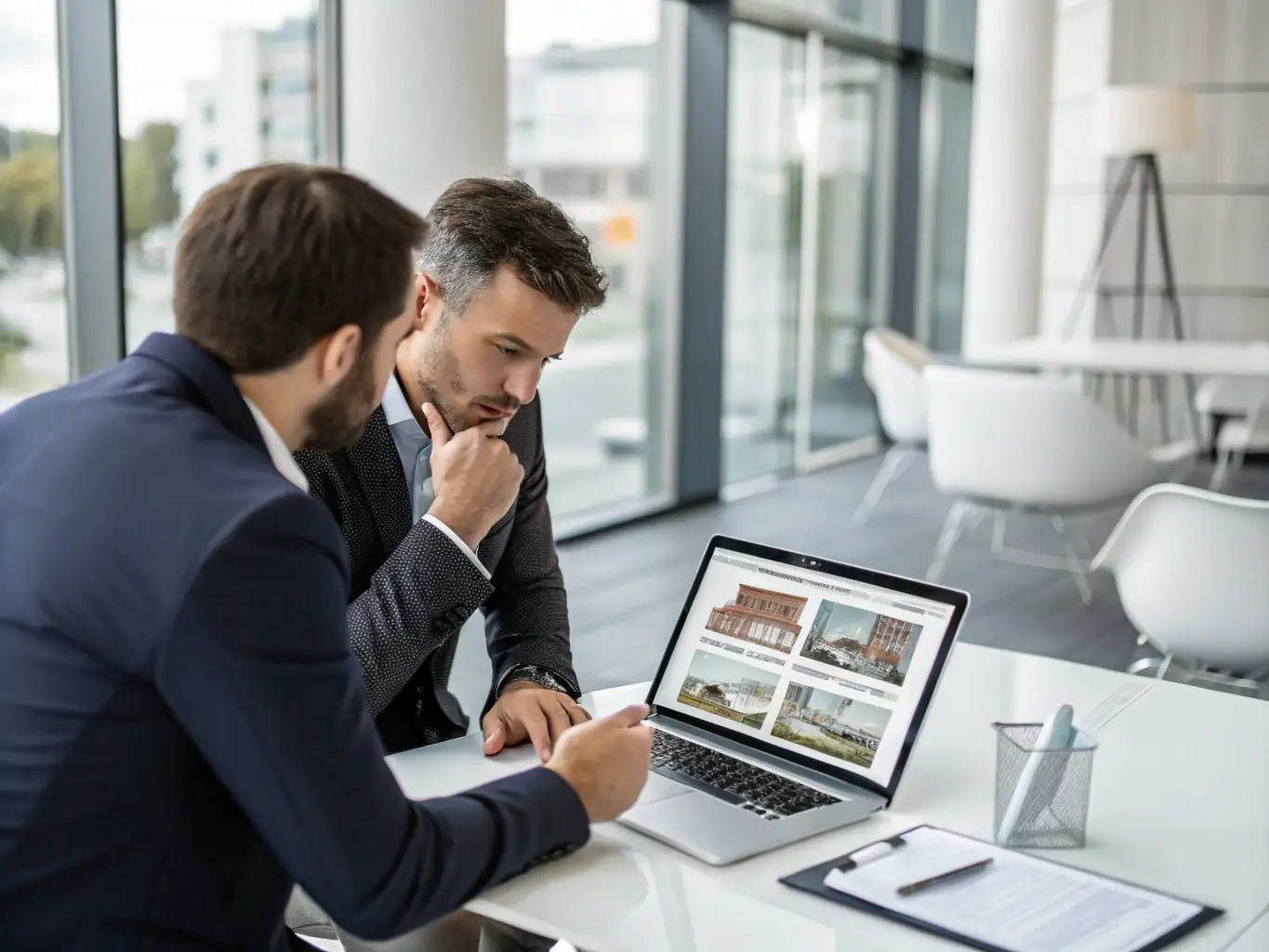An image of a financial advisor consulting with a young investor over property plans, showcasing expert investment advice.